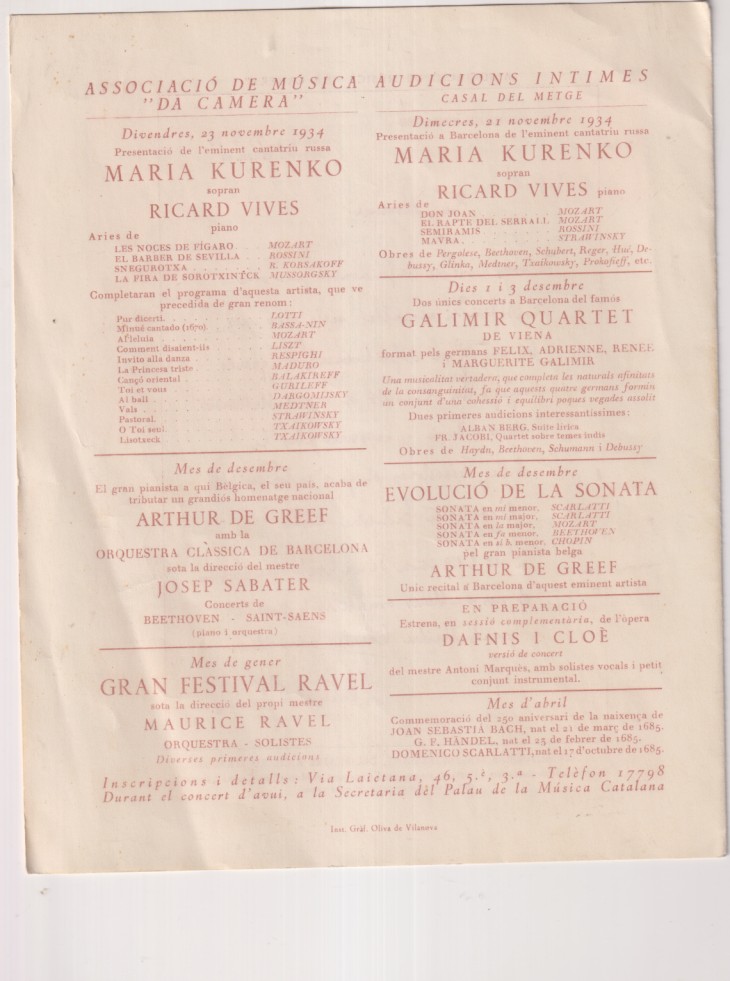 Associació deMúsica da Camera de Barcelona. Curs 1934-35. Concert Tercer. Dibuis Inedit de Muntané. (22,5x18,5 cm.) doble hoja