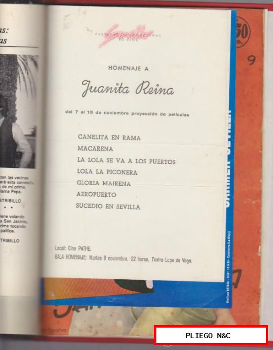 Juanita Reina. 9 Programas + Menú de Boda de 1964 + Tebeo Colección 17 años