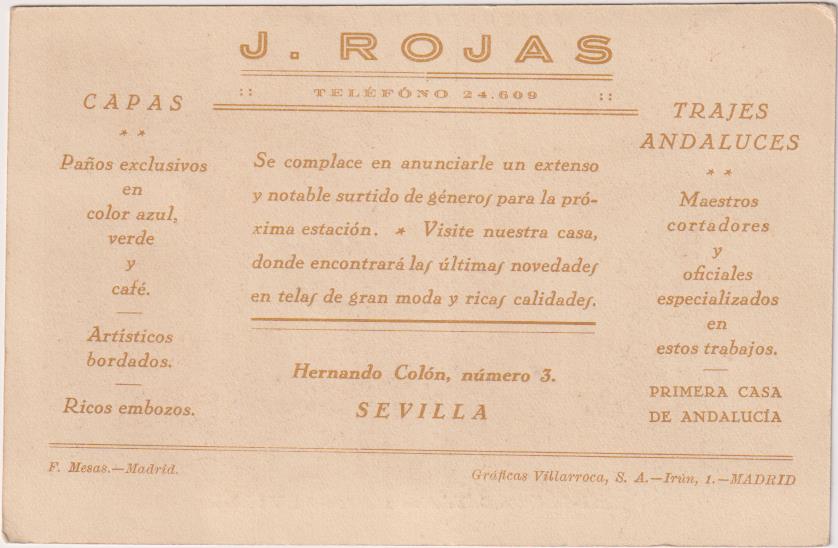 Postal. Sastrería de J. Rojas, Hernando Colón, 3. Sevilla. MUY RARA
