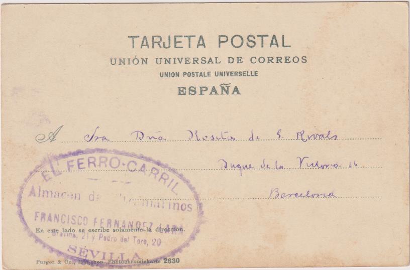 Postal. Sevilla. La Giral desde Mateos Gago. Fechada 1904. Sello El Ferrocarril Ultramarinos. Sevilla