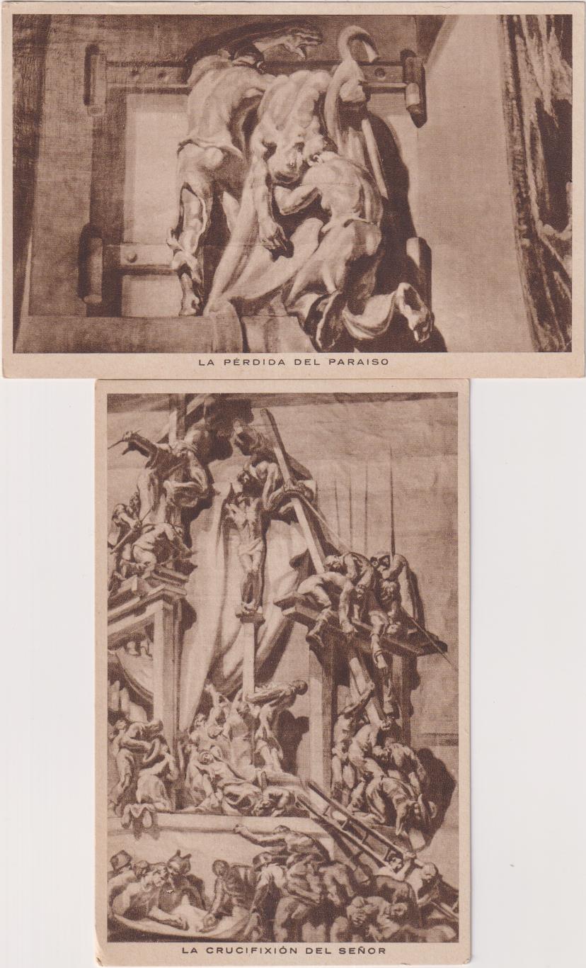 Lote de 2 postales: La pérdida del paraíso y la Crucifixión del Señor. Riuset-Barcelona. Sin usar