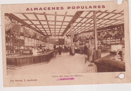 Orense. Almacenes Populares, Vista del hall de Ventas. Postal fina de Publicidad. MUY RARA