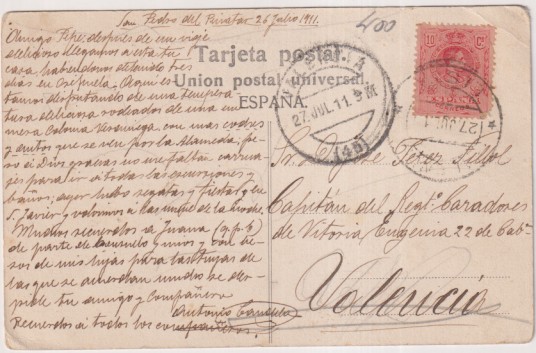 La Horadada.- Rsidiencia del Grande de España Duque de Amalfi y Conde de Roché. Franqueado y Fechado en Valencia el 27 Jul.-1911. Destino: Capitán -