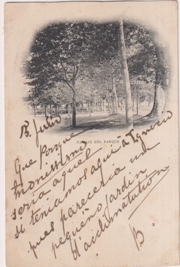 Irun.- Paisaje del Parque. Franqueado y fechado en Irun el 28 Jul 1901. Con pareja de sellos de Taxe Franceses. RARA
