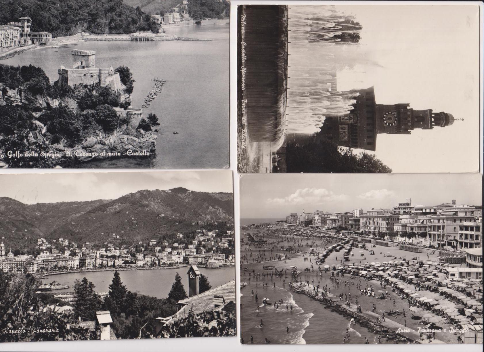 Italia. Lote de 4 Postales: Rapallo, La Spezia, Milán y Anzio. Franqueadas y fechadas en 1958, 1959, 1962 y 1967