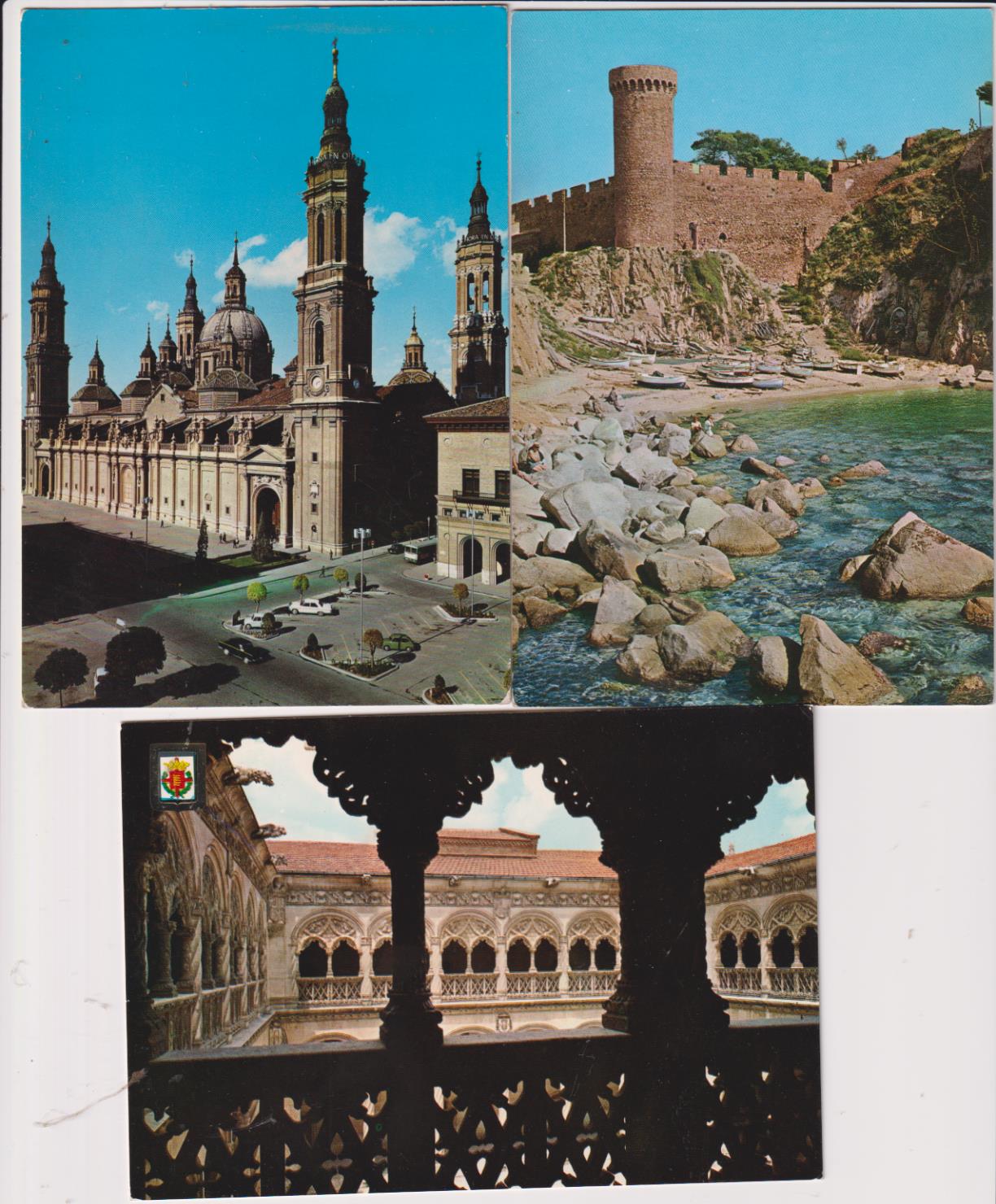 Lote de 3 Postales: Castillo de Tossa de mar, Zaragoza, El Pilar y Valladolid, Claustro de San Gregorio. Años 60-70