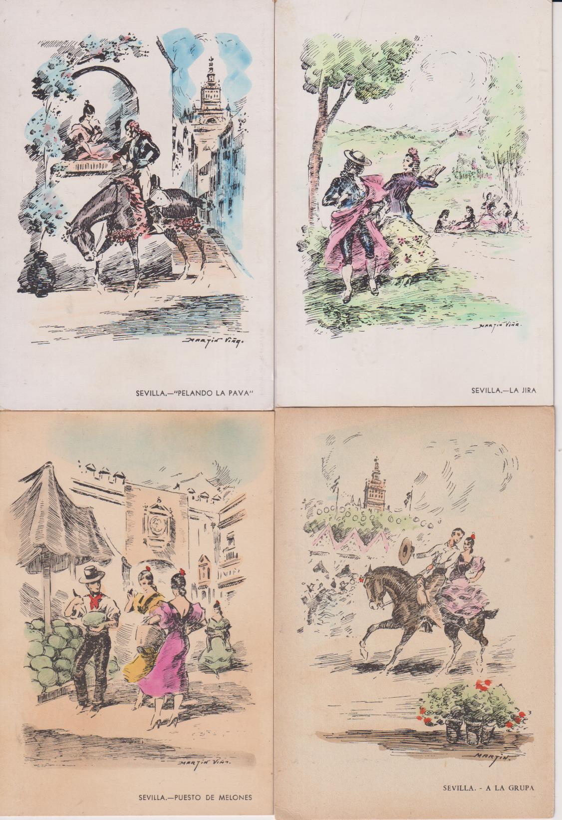 Lote de 4 Postales Ilustradas por Martín Viña. Costumbres Sevillanas. Años 40