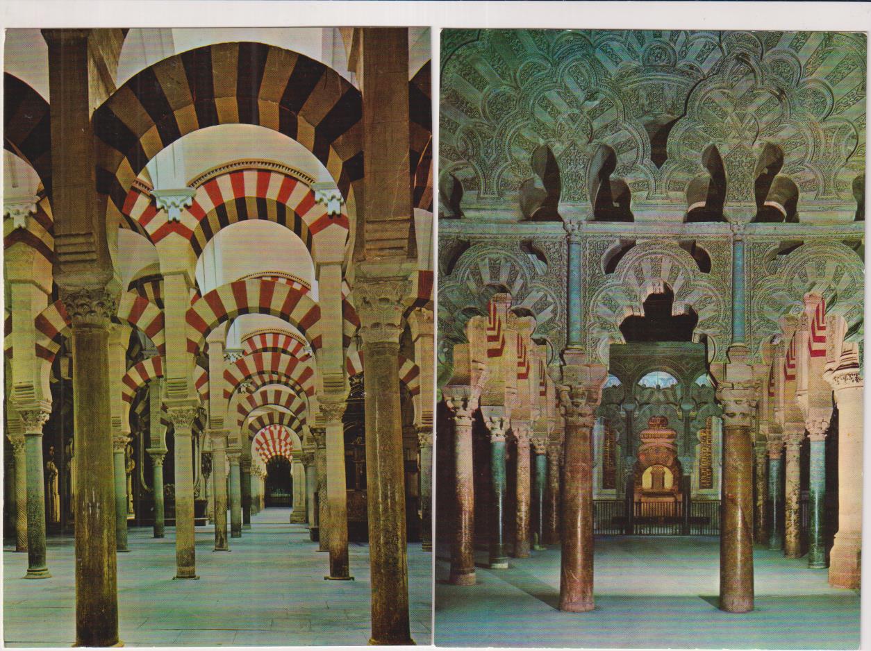 Córdoba. Lote de 2 Postales de la Mezquita: Vista del Mihrab y Vista interior