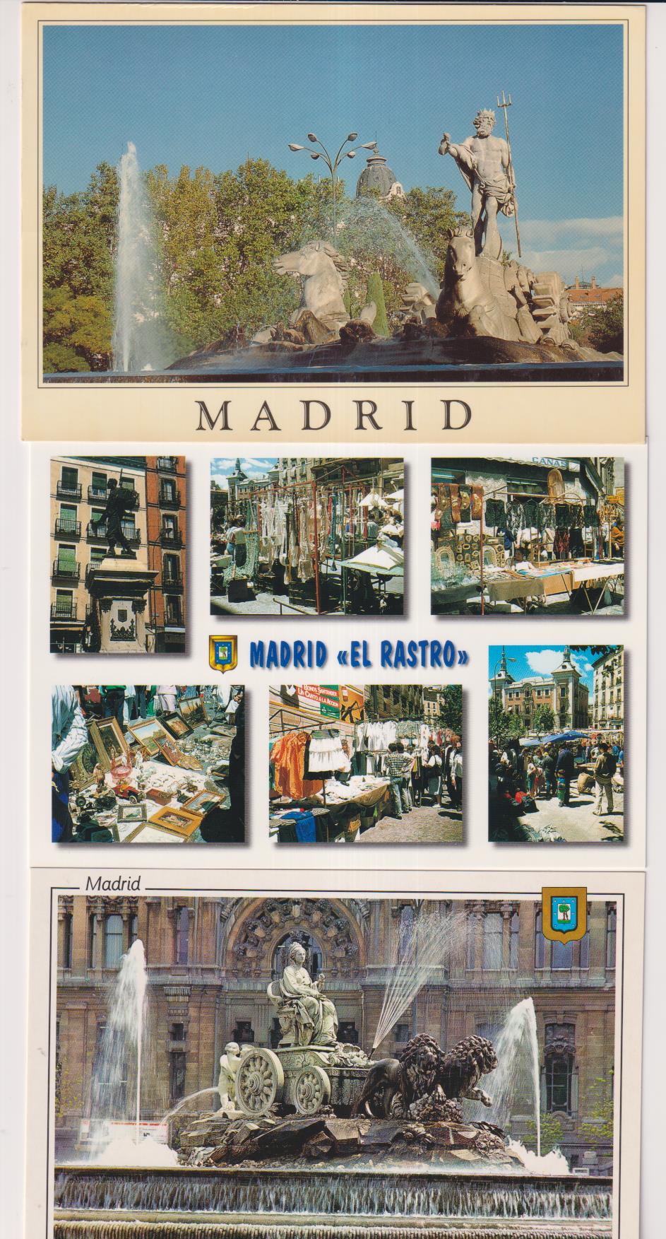 Madrid. lote de 3 postales. El rastro, la Cibeles y fuente de Neptuno- sin circular