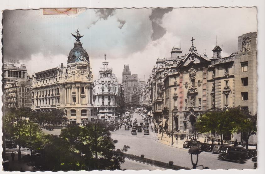 Madrid. calle de Alcalá y avda. José Antonio. coloreada. franqueada y fechada en 1949?