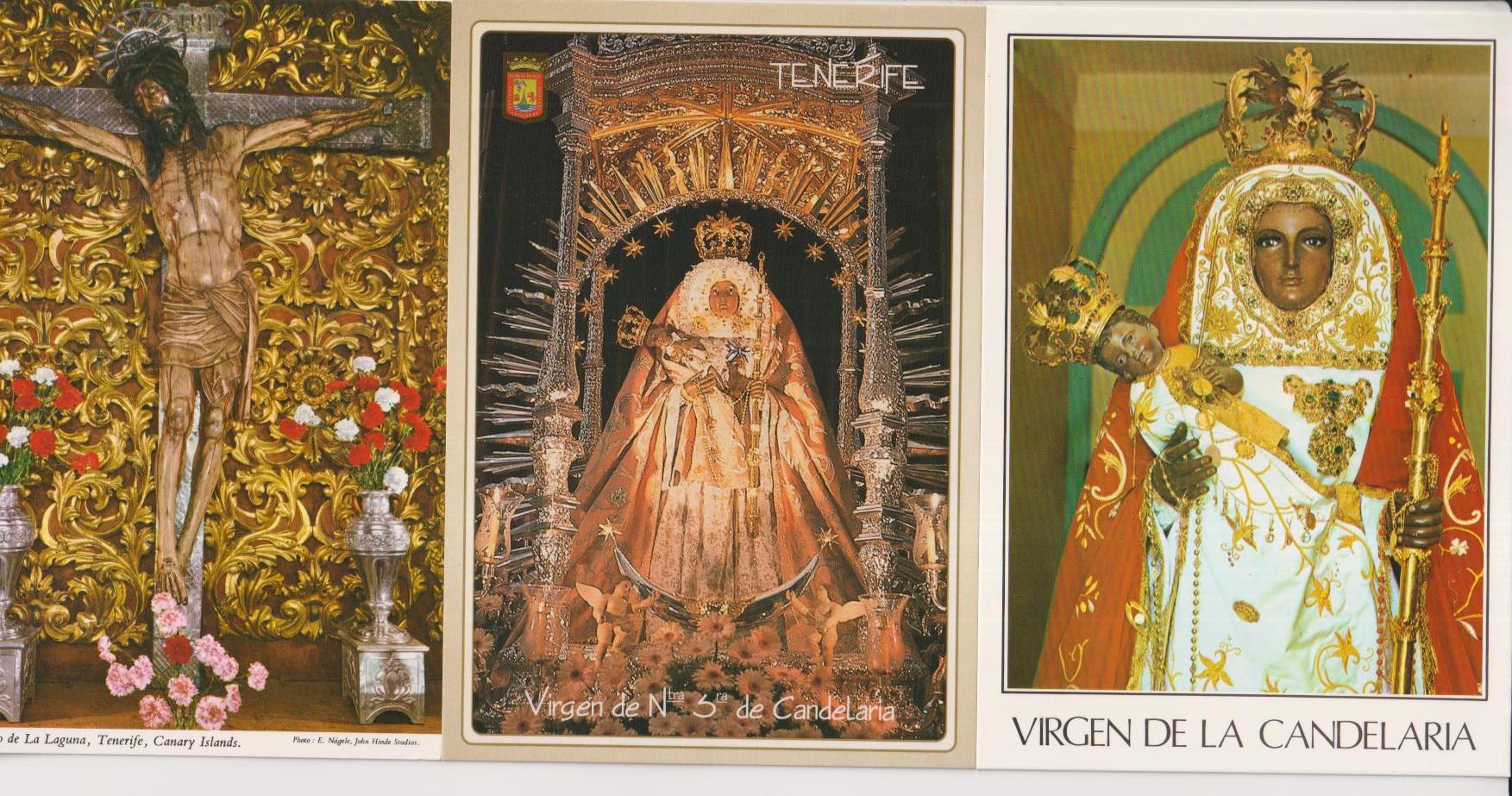canarias. lote de 3 postales: cristo de la laguna y virgen de la candelaría (2). sin circular