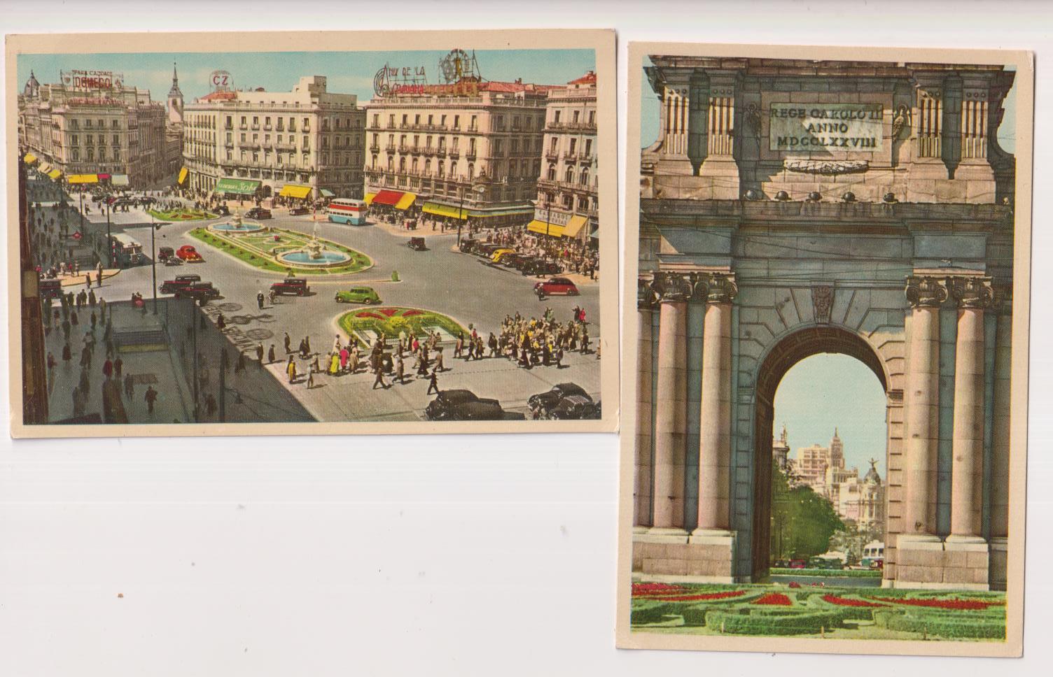 Lote de 2 Postales de Madrid. Puerta de Alcalá y puerta del Sol. Años 40. SIN USAR