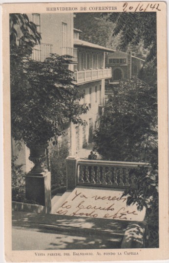 Hervideros de Corrientes.- Vista parcial del Balneario. Al fondo la Capilla. Franqueado y fechado el 20-jun. -1942