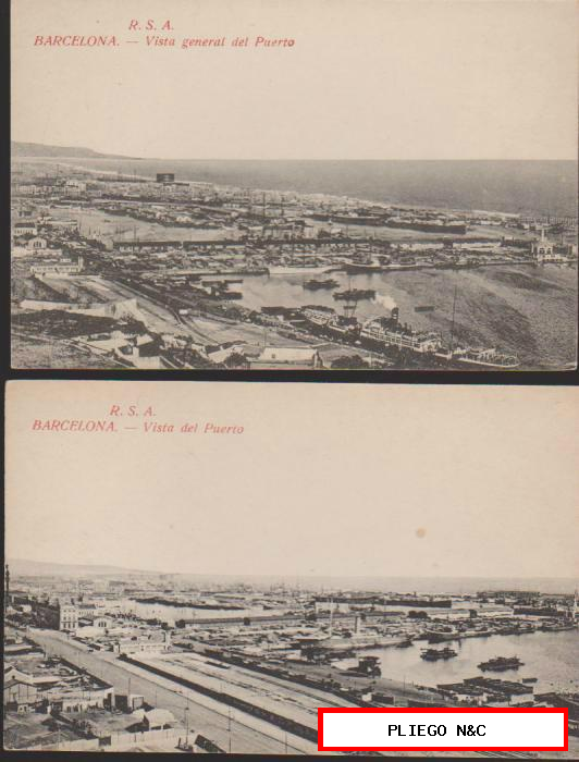 Barcelona. Vista del Puerto. Lote de 2 postales R.S.A.