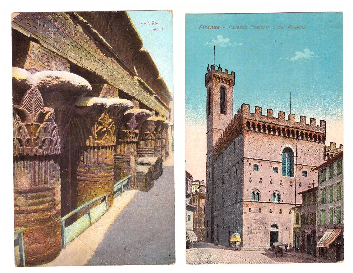 Lote de 2 Postales. Esneh. Templo (Egipto) y Firenze. Palazzo Pretorio do del Podesta (Italia)