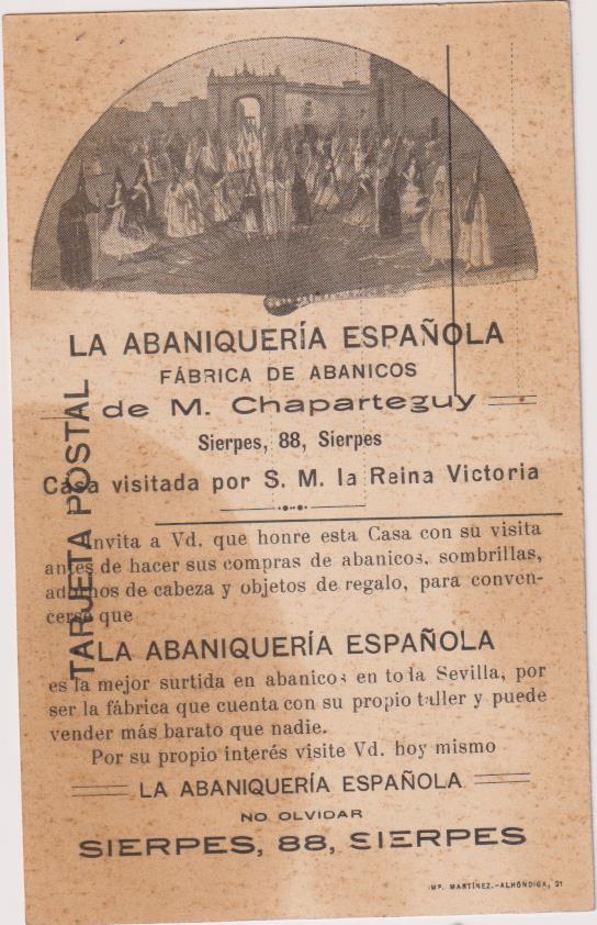 Postal de Braga. Publicidad de La Abaniquería Española. M. Chaparteguy, Sevilla Calle Sierpes, 88+D701