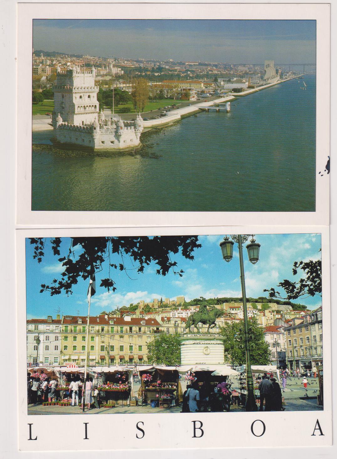Lisboa. Lote de 2 Postales: Torre de Belem y Plaza de Figueira