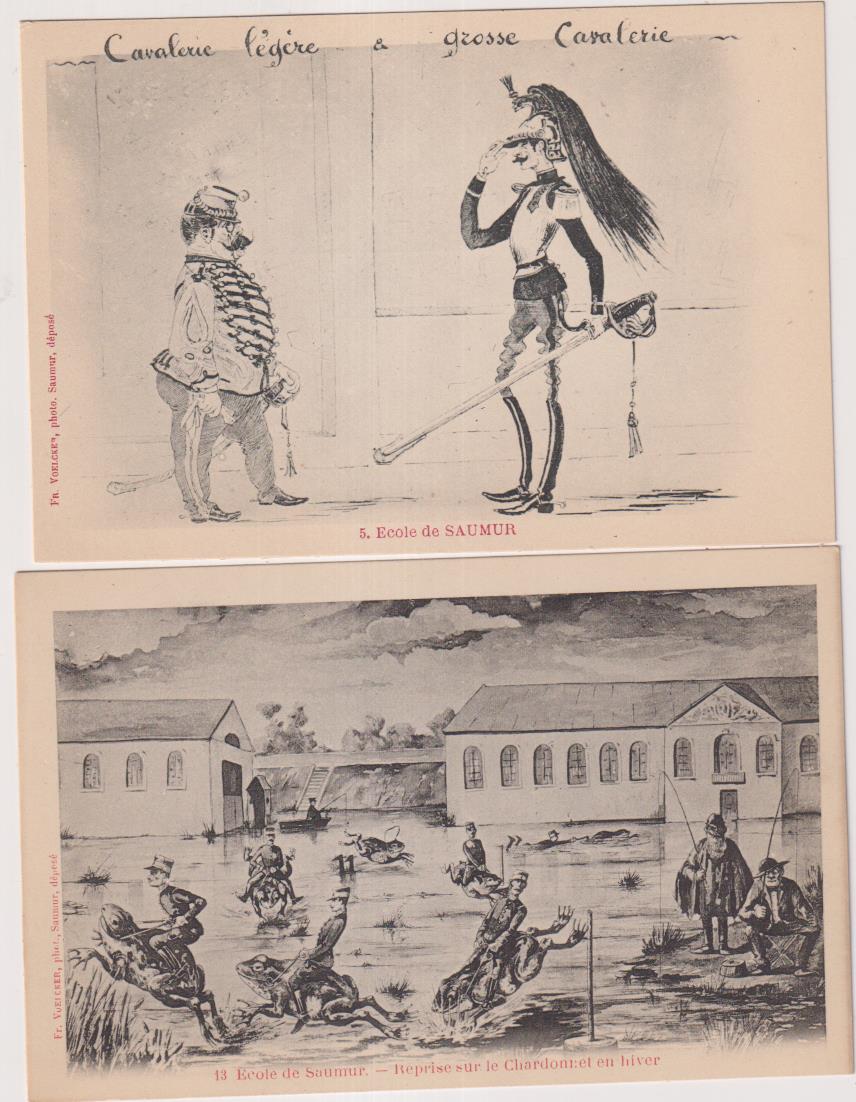 LOte de 2 postales cómicas. Francia. Saumur. Escuela militar de caballería, 1903