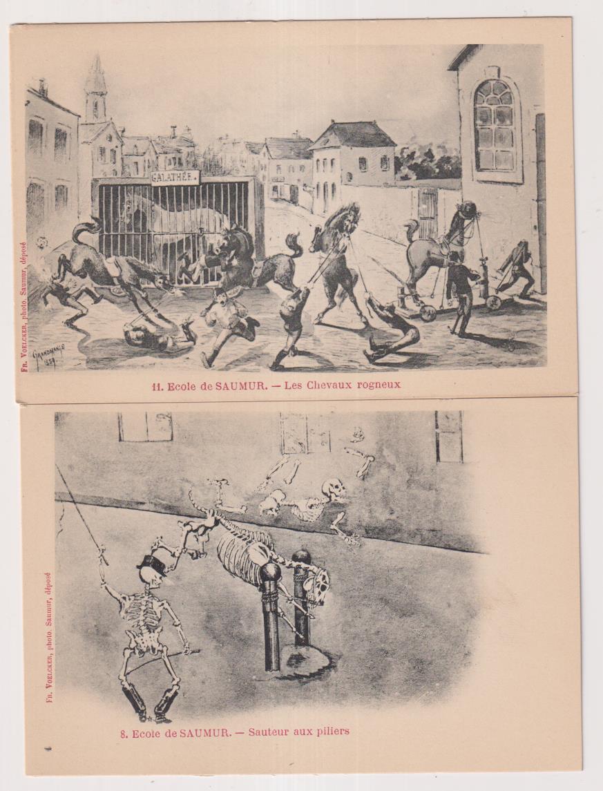 LOte de 2 postales cómicas. Francia. Saumur. Escuela Militar de caballería, 1903