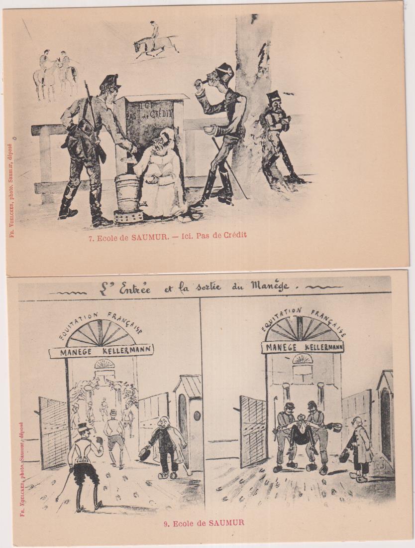 Lote de 2 postales Cómicas. Francia. Saumur. Escuela Militar de Caballería, 1903