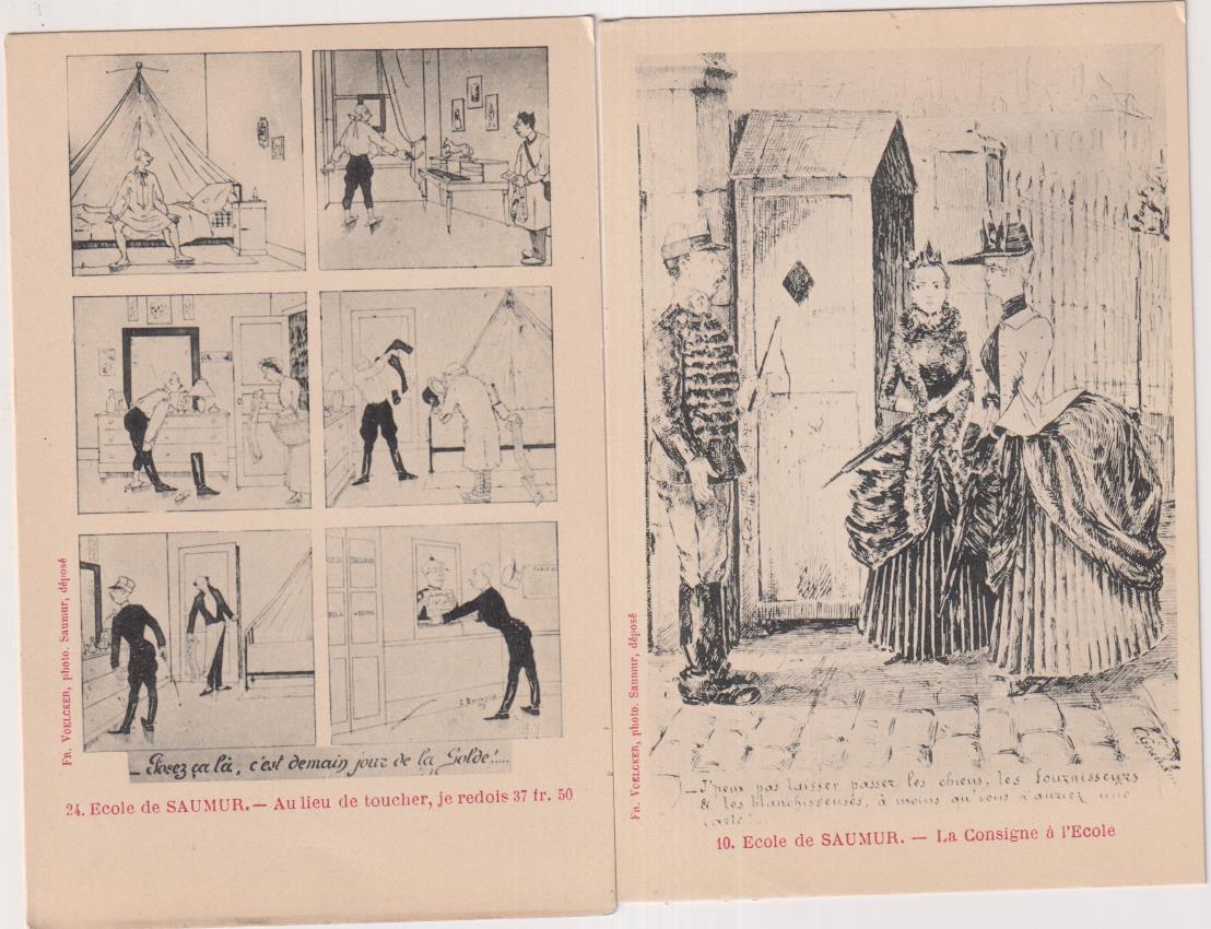 LOte de 2 postales Cómicas. Francia. Saumur. Escuela Militar de Caballería, 1903