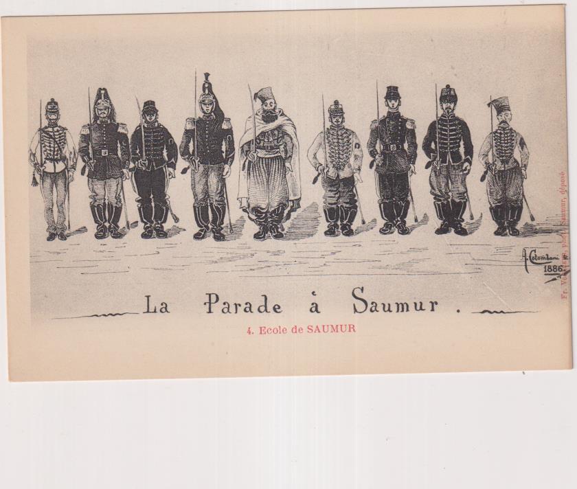 Postal Cómica. Francia. Saumur. Escuela Militar de Caballería, 1903