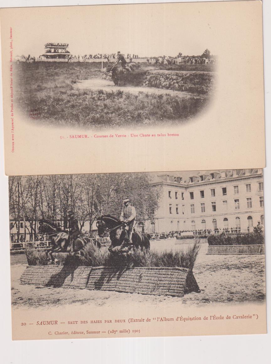 LOte de 2 postales. Francia. Saumur. Escuella militar de Caballería, 1903