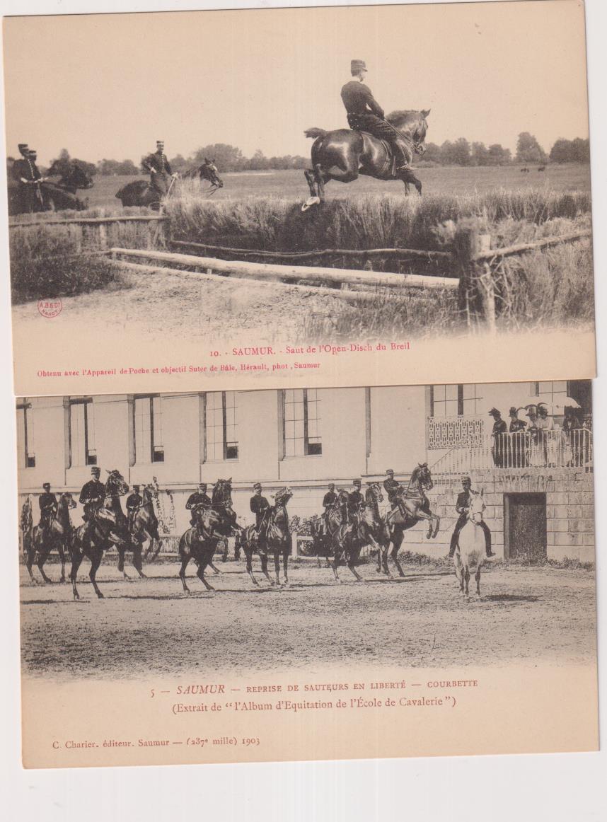 Lote de 2 Postales. Francia. Saumur. Escuela Militar de Caballería, 1903