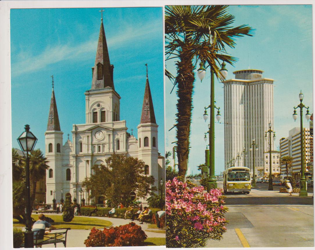 Nueva Orleans. lote de 2 postales. catedral de st. Louis y Trade mart Building. sin circular. 50-60