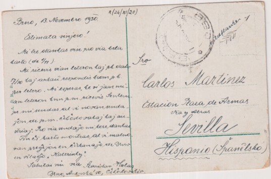 Brno (Checoeslovaquia)- Brunn (Austria). Katerinky u Vranova (cerca de Vranov) Franqueado y fechado en Brno 24 Nov. 1920. Destino: Sevilla