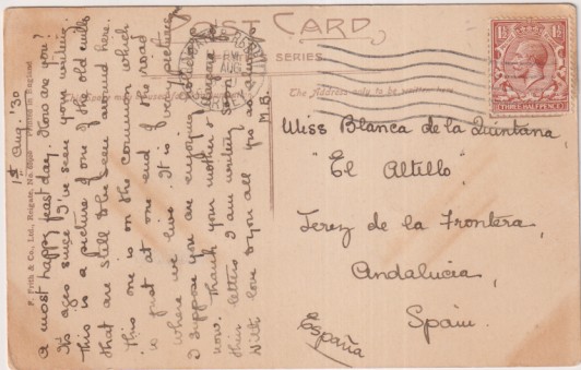 Postal Inglaterra. Molino de Viento en Wray Common, Reigate. Franqueado y fechado en reigate el 1 Ago. 1930. Destino: Jerez de la Frontera