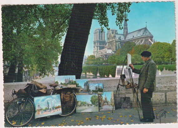 Paris. Pintor en la orilla izquierda del río, al Fondo Notre Dame. Franqueado y fechado el 20 Sep. 1963. Destino: Barcelona