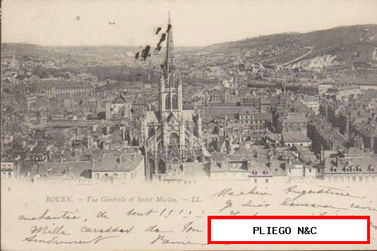 Rouen. Vue Generale et Saint Maclou. Franqueado y fechado en Dieppe en 1902