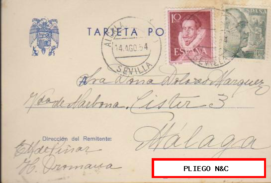 Tarjeta Postal de Sevilla a Málaga del 14 Agosto 1954