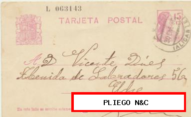 Tarjeta Entero Postal. De Aspe a Elche del 30 Ene. 1936. Edifil 69
