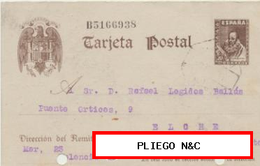 Tarjeta Entero Postal. De Valencia a Elche del 31-Agos-1942. Edifil 83