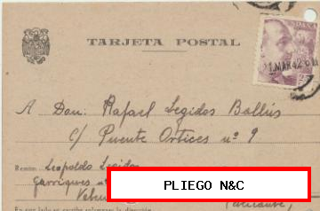 Tarjeta Postal de Valencia a Elche del 21 Mar. 1942. con Edifil 923