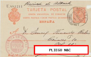 Tarjeta Entero Postal. De Manresa a Hellín del 13 Agos. 1915. Edifil 53