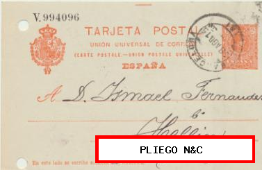Tarjeta Entero Postal. De Barcelona a Hellín del 28 Agos-1915. Edifil 53. Con fechador de llegada a Hellín