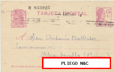 Tarjeta Entero Postal. De Madrid a Alcantarilla del 13-Sept-1935. Edifil 69