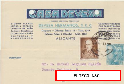 Tarjeta con Membrete. De Alicante a Elche del 19-10-1953. Con Edifil 1050 y 1071