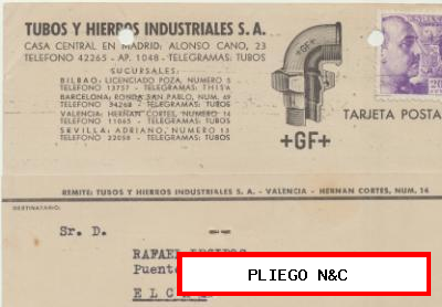 Tarjeta con Membrete. De Valencia a Elche del 19-10-1942. Con Edifil 923