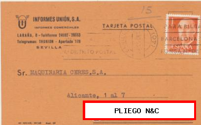 Tarjeta con Membrete de Sevilla a Alcoy del 11-8-1966. Con Edifil 1153