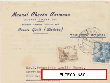 Tarjeta con Membrete de Puente Genil a Elche del 28-5-1953. Con Edifil 916 y 924