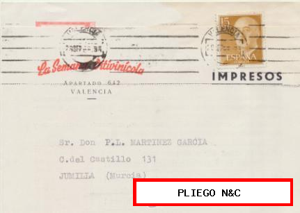 Tarjeta con Membrete de Valencia a Jumilla del 29-9-1954. con Edifil 1144