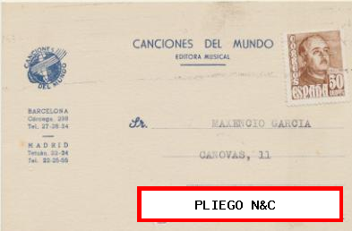 Tarjeta con Membrete de Barcelona a Jumilla del 23-11-1956. con Edifil 1022