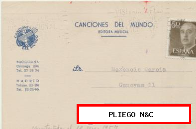 Tarjeta con Membrete de Barcelona a Jumilla del 10-5-1957. con Edifil 1149