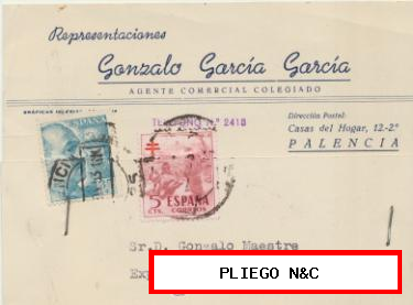 Tarjeta con Membrete de Palencia a Novelda. del 15-11-1953 con Edifil 1050 y 1103