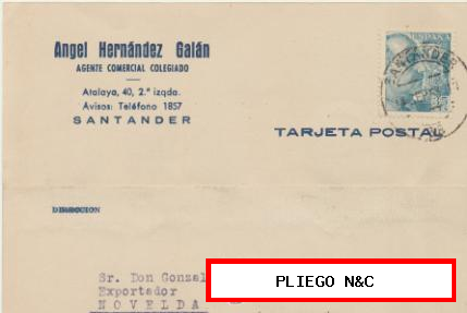 Tarjeta con Membrete de Santander a Novelda del 14-9-1953. con Edifil 1050