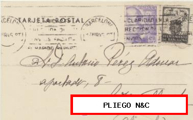 Tarjeta postal de Barcelona a Crevillente del 16 Abr. 1945. Con Edifil 922, Barcelona-55 y al dorso Móvil 25 cts. rojo